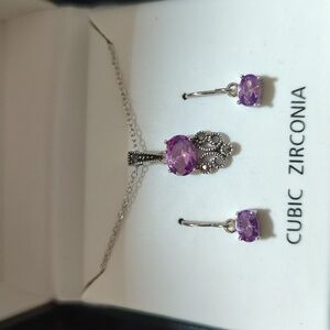 Unbranded Sterling Silver Amethyst Cubic Zirconia Pendant Necklace & Earrings